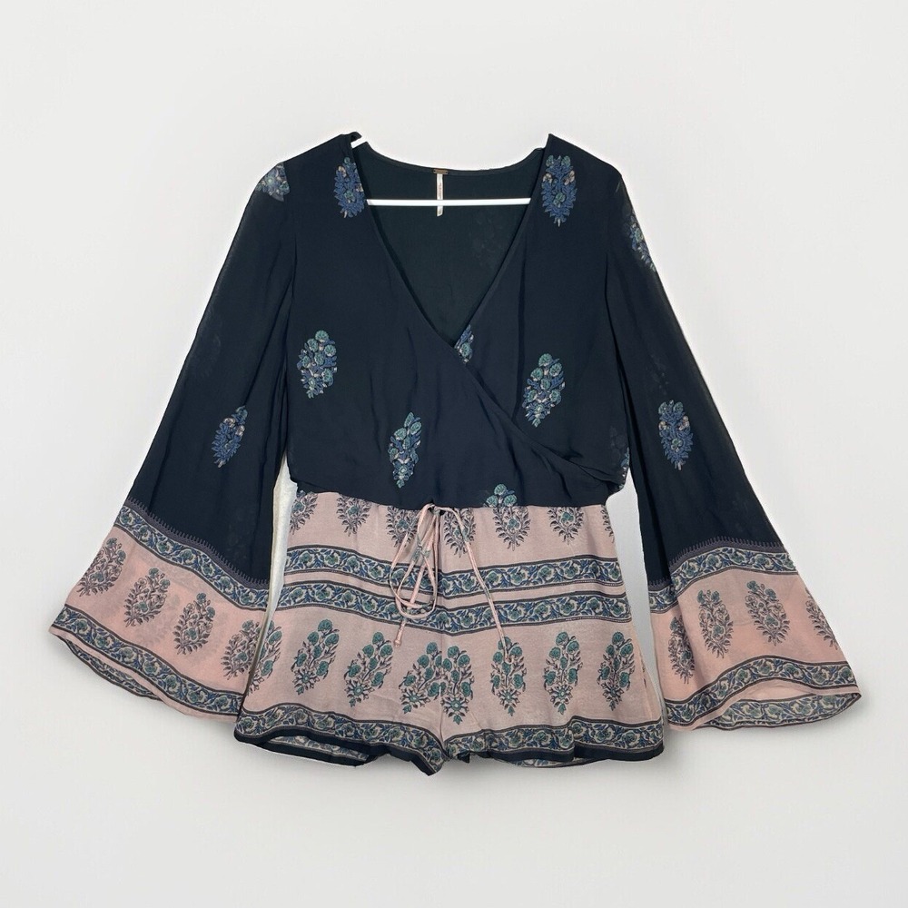 Free People Janpath Romper Sheer Bell Sleeve V-Neck Floral XS Boho Resort Wear